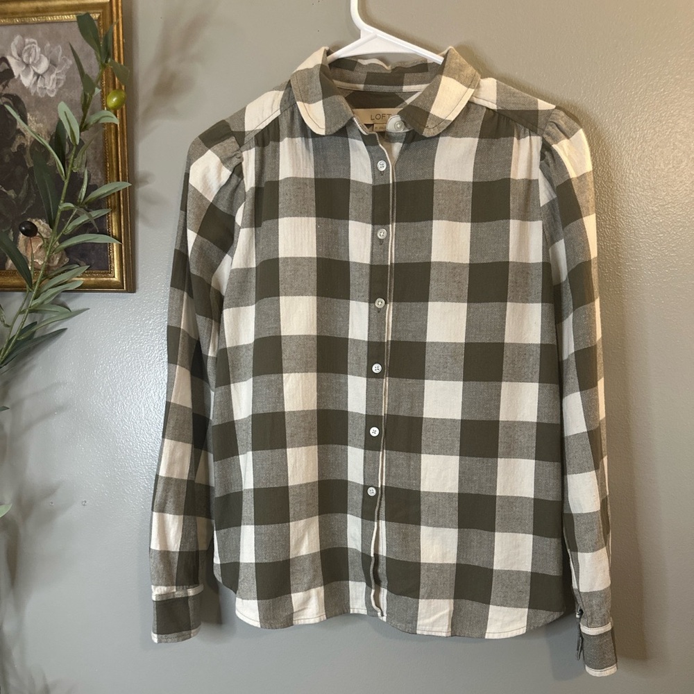 LOFT Buffalo Check Button Down Shirt XS Neutral Preppy Coastal Cotton - Picture 2 of 10